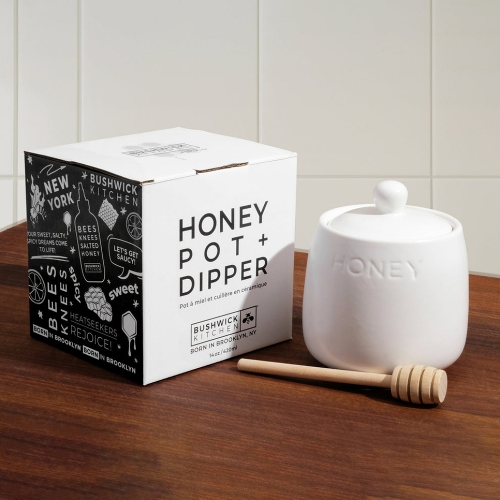 New in Box Bushwick Kitchen Honey Pot with Dipper - White